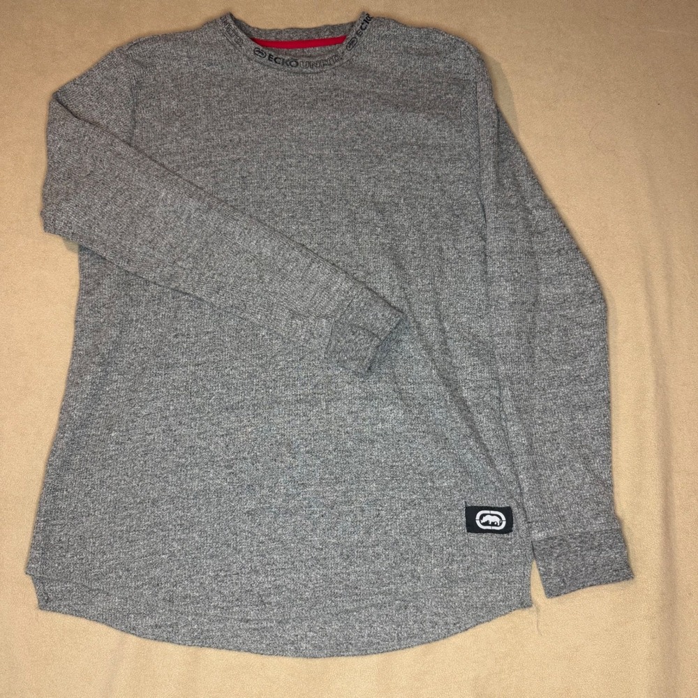 Ecko Unltd Mens Large Gray Thermal Long Sleeve Shirt Rhino Logo Curved Hem